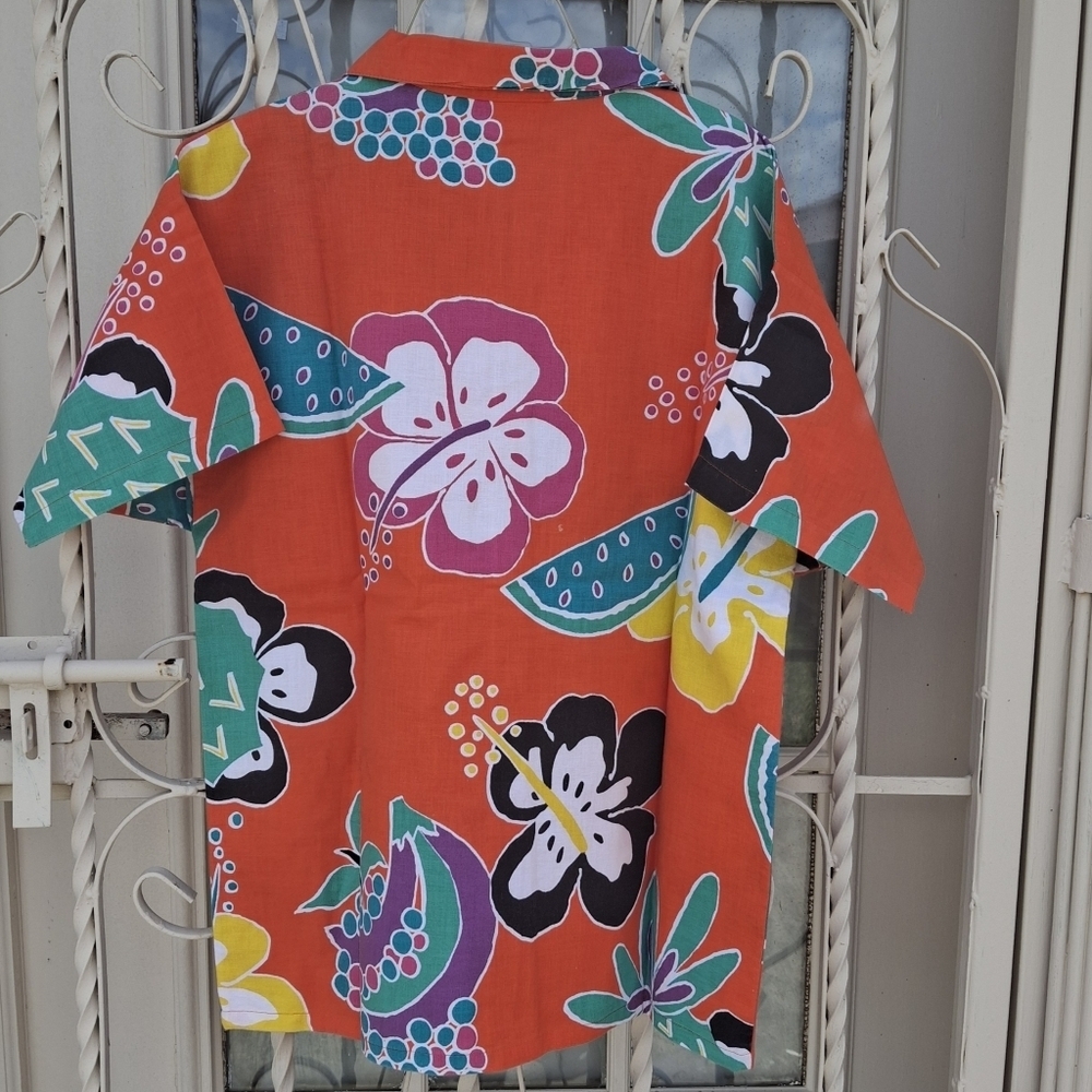 Palmetto's Hawaiian Orange Button Short Sleeve Summer Blouse Women Size Medium - Picture 6 of 11